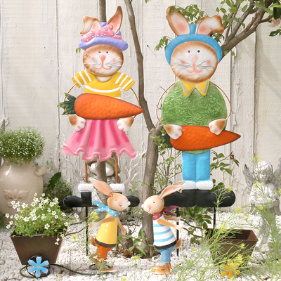 彩色铁皮兔子地插 可花兔情子侣花盆爱车摆件阳台园艺装饰品