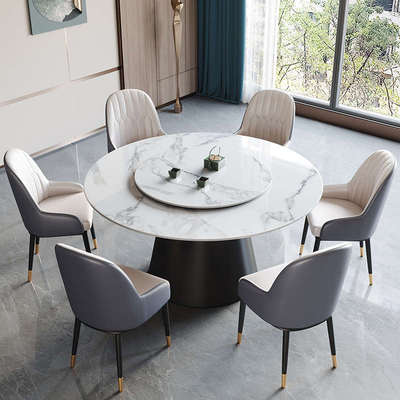 轻奢岩板餐桌椅组合简约1米圆桌家用带转盘圆形6多人吃饭桌省空间