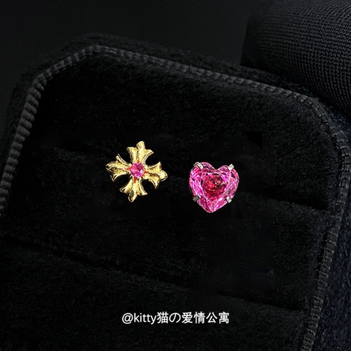F136钛合金爱心十字耳钉锆石