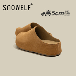 秋冬棕色一脚蹬增高外穿半拖鞋 Snowelf真皮厚底勃肯鞋 女2025新款