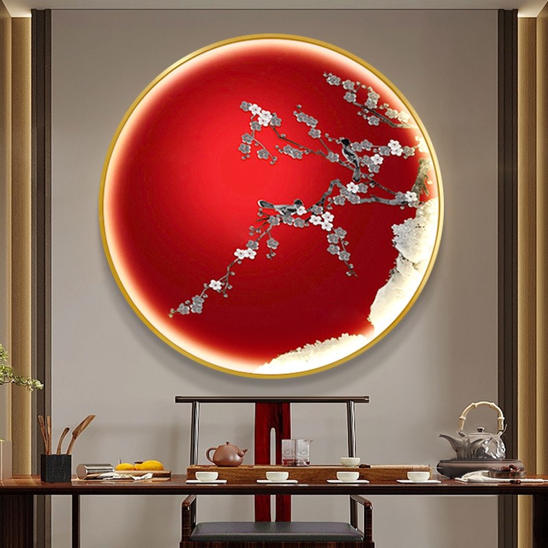 网红新走中式廊发玄关装饰画圆形灯光光画卧室挂画茶楼梅花壁画