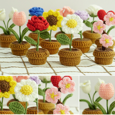 盆栽小花diy材料包手工钩针编织毛线制作向日葵玫瑰花迷你车摆件