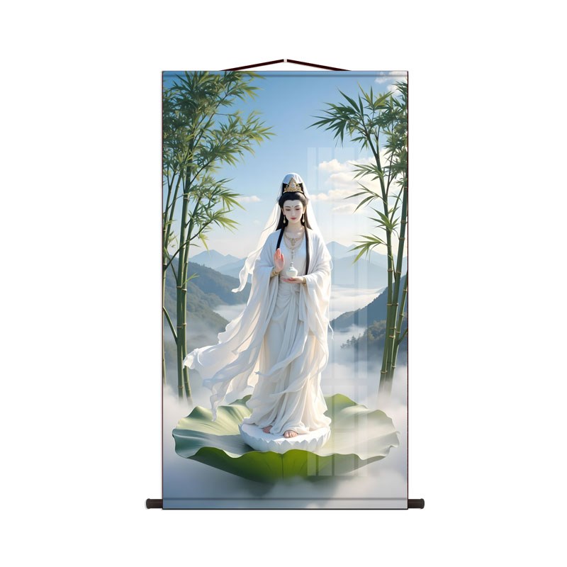 白衣普陀观音画像中堂画客厅挂画新中式装饰画国画墙壁画卷轴挂图