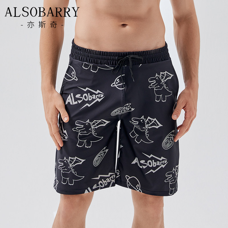 黑色印花男e士游泳裤保守平角五分沙滩裤海边度假泡温泉2023年新