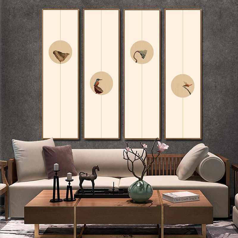 新中式装饰画客厅荷竖版过道餐厅沙发背景墙四联组合壁画挂画,家居饰品,现代装饰画,淘宝优惠券,粉丝福利购,淘宝优惠卷