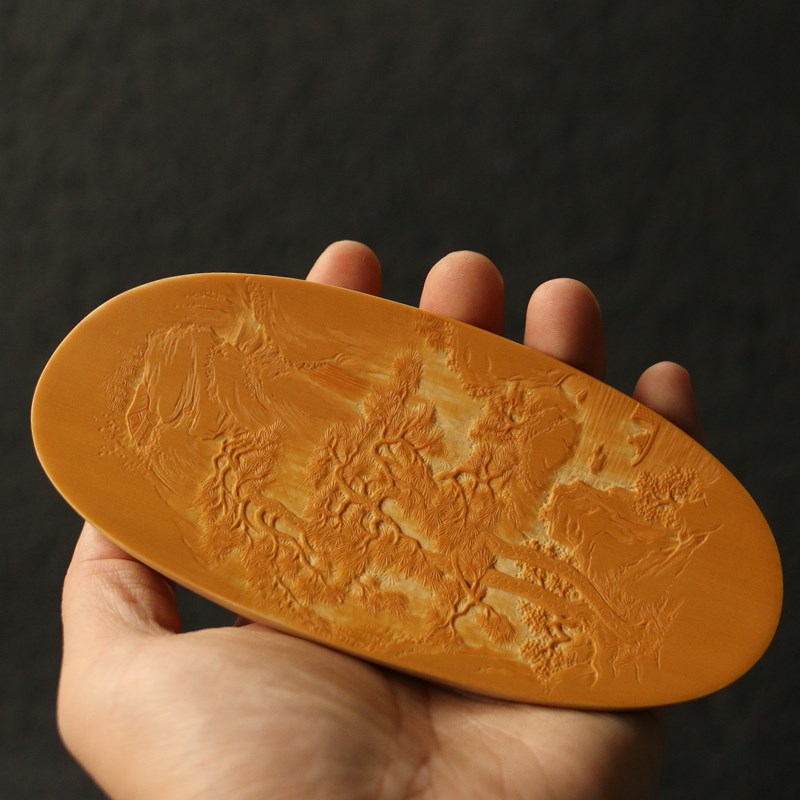 精品东阳纯手工浅浮雕山水风光图老玉竹茶则翻簧雕刻竹茶荷