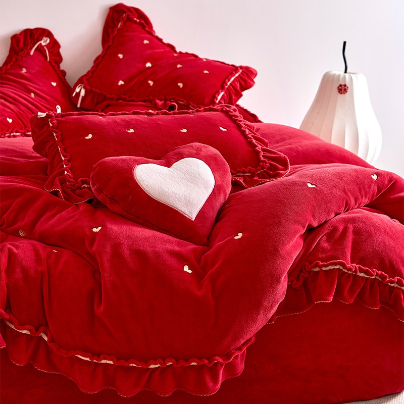 少女心红色爱心刺绣结婚庆花边床单床品