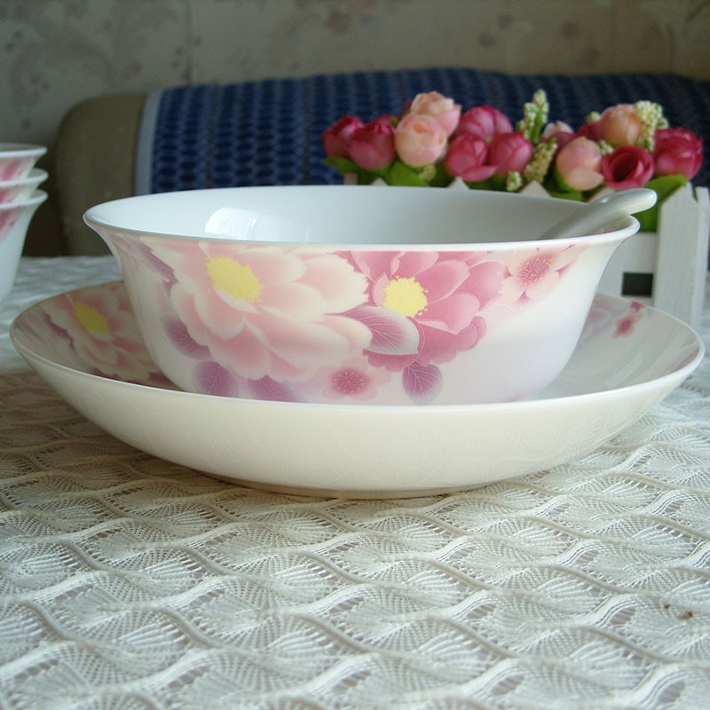 滨海花语骨质瓷餐具唐山产陶瓷6寸面碗大号米饭碗深汤碗大碗花碗