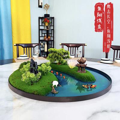 酒店大圆桌装饰摆件新中式转盘中间摆花圆形微缩景观桌花餐桌摆台