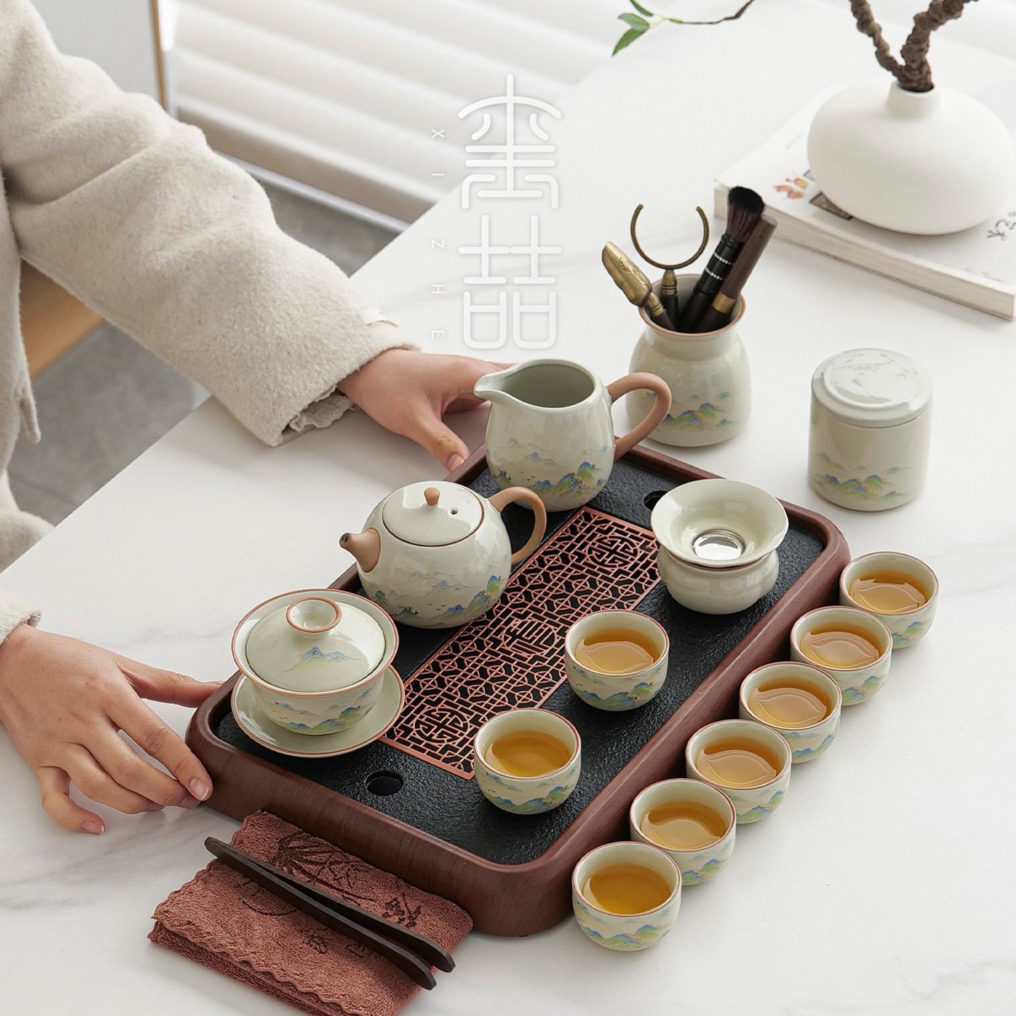 高档汝窑茶具套组整套功夫茶具家用泡茶壶盖碗泡茶办公室会客喝茶