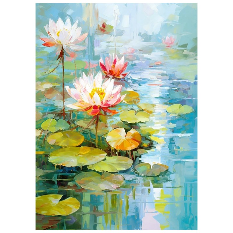 荷塘月色奶油风手绘油画荷花好运连连客厅装饰画静物花卉玄关挂画图片