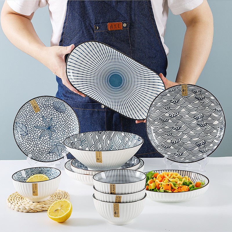 日式餐具家用陶瓷菜盘碟子创意套装汤碗大号泡面条碗喇叭碗斗笠碗
