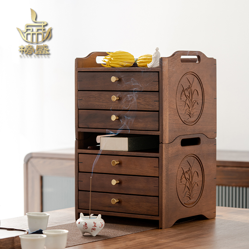 榜盛胡桃木实木分茶盘多层茶饼架抽屉式中式功夫茶道配件普洱茶盒