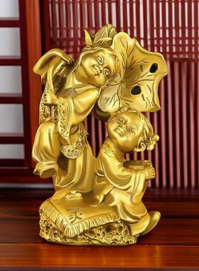 纯黄铜和合2贤摆件和合二圣卧室客厅饰品摆件夫妻和合送新婚礼物