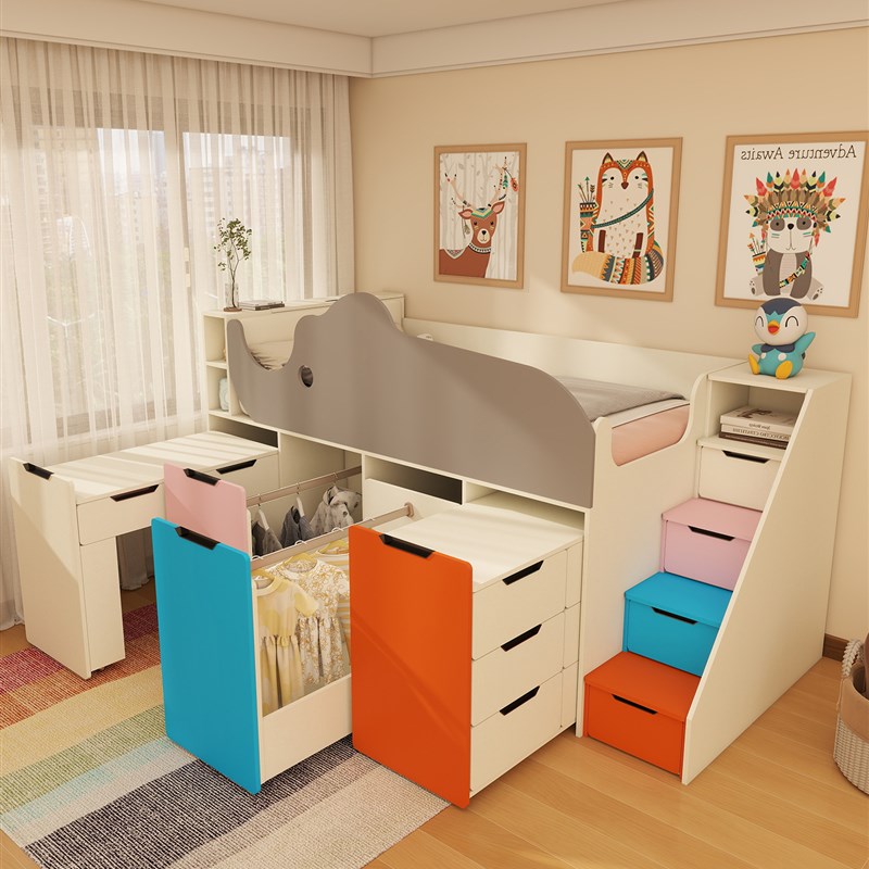 半高床小公寓榻榻米与衣柜书桌男孩和女孩上床和下桌子组合儿童床