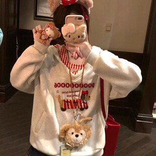 秋冬腊肠狗刺绣挂脖背心学生两件套女秋冬oversize宽松连帽卫衣