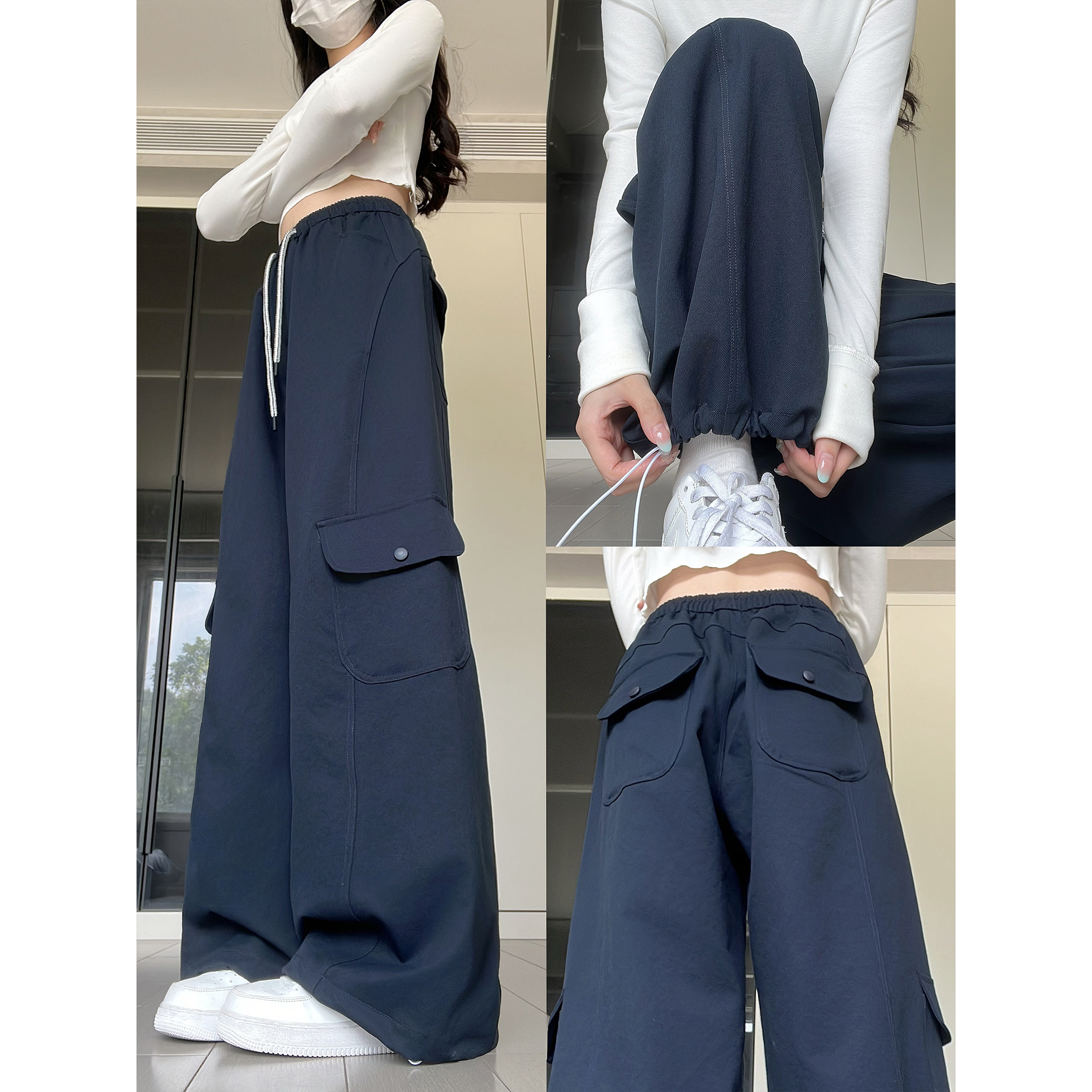 美式藏青色垂感工装裤女秋