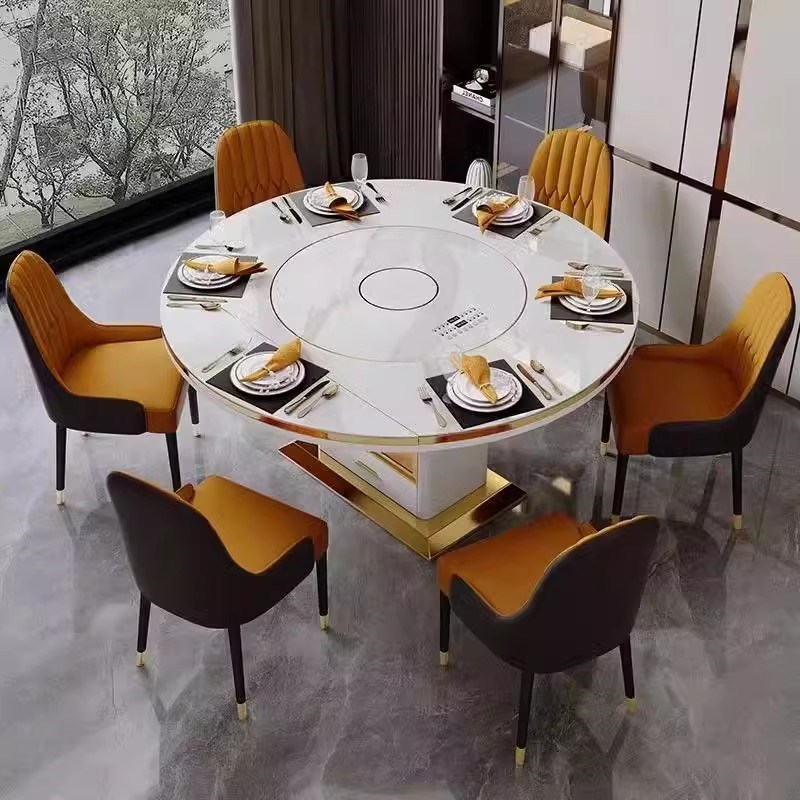 轻奢岩板伸缩餐桌多功能圆桌嵌入式转盘现代简约小户型家用饭桌