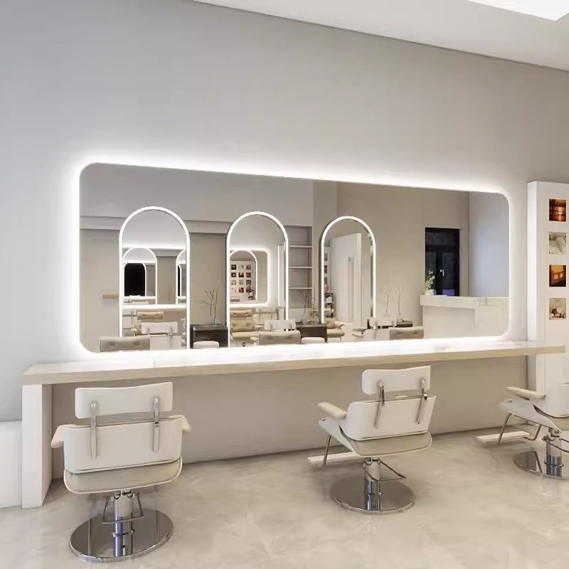 美发店烫染区理发店镜子发廊网红大通镜剪发镜台挂墙带灯单面