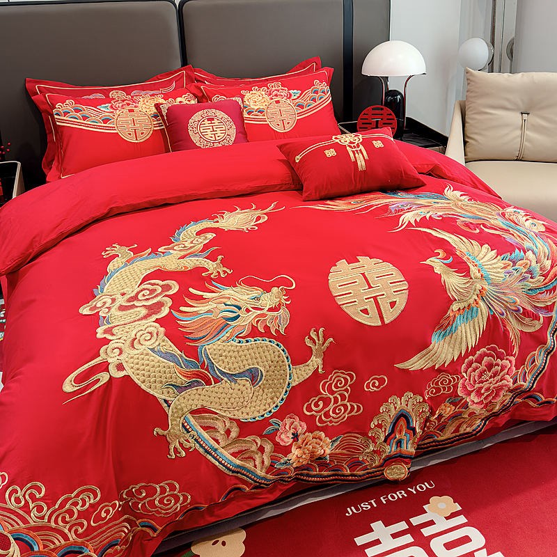 中式龙凤刺绣结婚四件套大红色床单被套喜庆婚庆床上用品