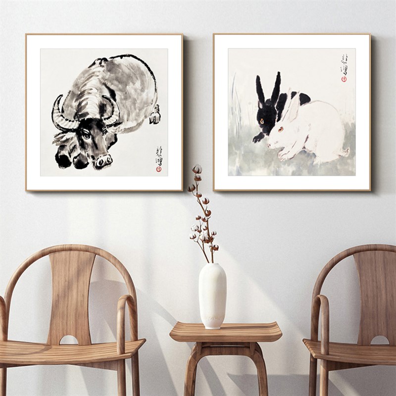 徐悲鸿中式客厅装饰画十二生肖鼠牛虎兔龙蛇马羊猴鸡狗猪动物挂画图片