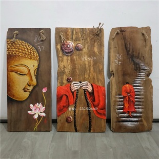 香樟木风化木板画手绘 佛头挂画茶室 茶馆会所复古装饰画