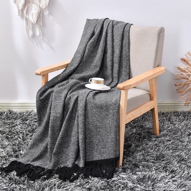 样板房针织流苏现轻奢简约黑灰人字纹搭巾床尾巾床尾毯,床上用品,休闲毯/毛毯/绒毯,淘宝优惠券,粉丝福利购,淘宝优惠卷