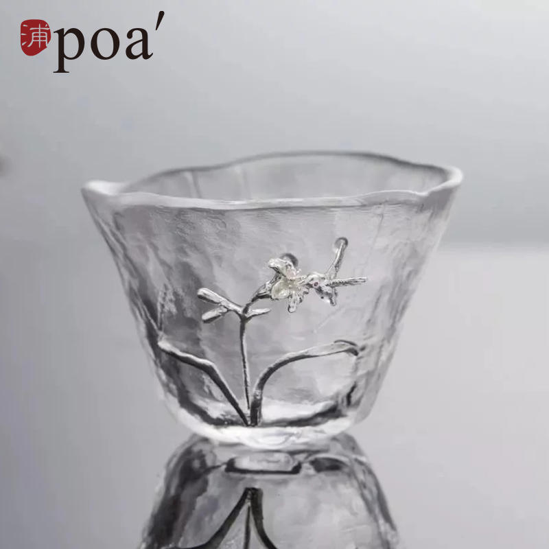 浦poa蜂鸟款中国风镶银玻璃杯手工锤纹茶杯品茗杯主人杯茶具