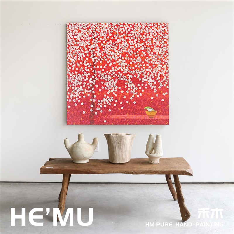 日式花鸟客厅卧室装饰挂画梅花高级感入户玄关红色系艺术手绘油画图片