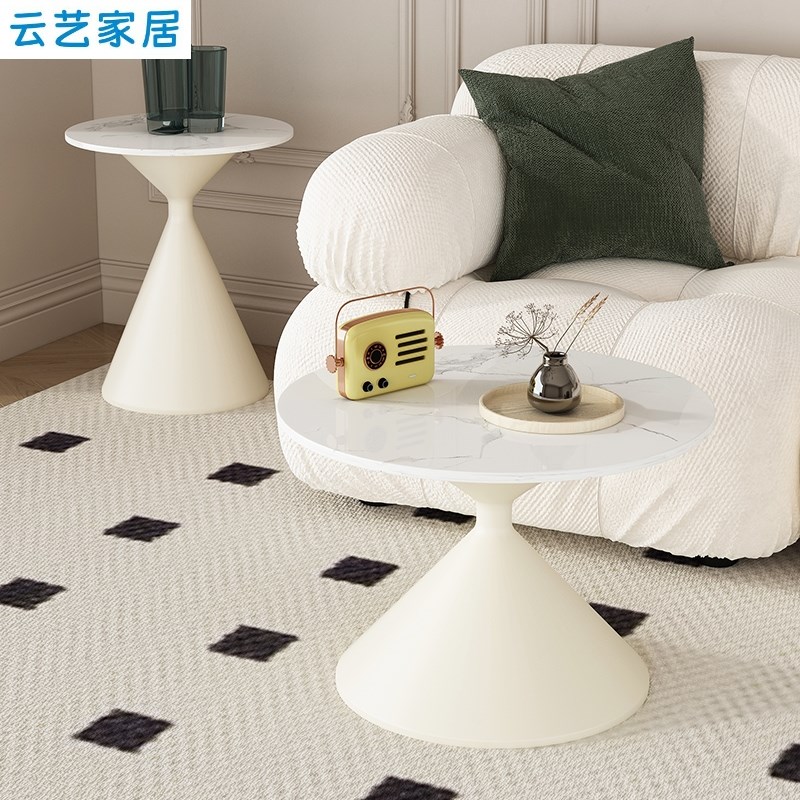 现简约圆形小茶几家用客厅轻奢小户型奶油风岩板茶桌铁艺边几桌