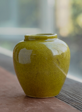 陶瓷 哥釉黄釉水培罐 罐子古玩收藏摆件 厂货复古件