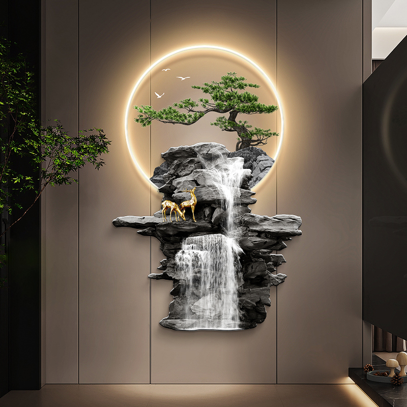 流水生财玄关装饰画带灯新中式走廊过道挂件画迎客松入户发光壁饰