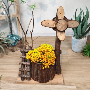 原生态实木小风车造型花盆创意露天花园阳台幼儿园自然角装饰摆件