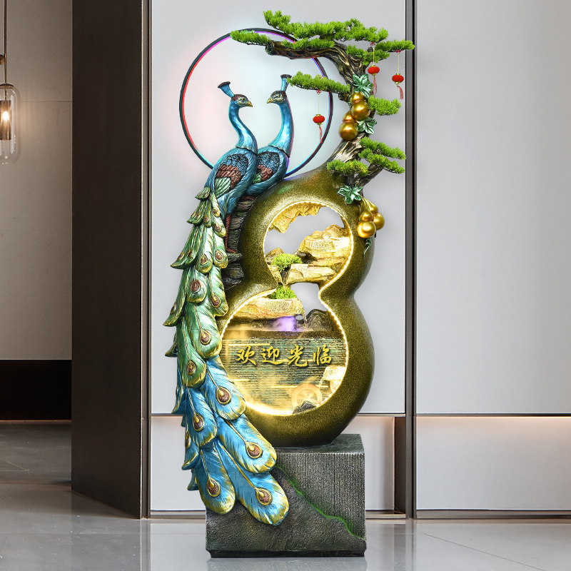新中式孔雀凤凰流水葫芦喷泉客厅入户玄关落地摆件开业乔迁礼