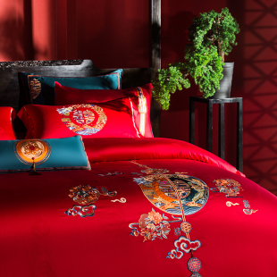 高端婚庆四件组大红色全棉刺绣喜被套婚房结婚礼牀上用品套件