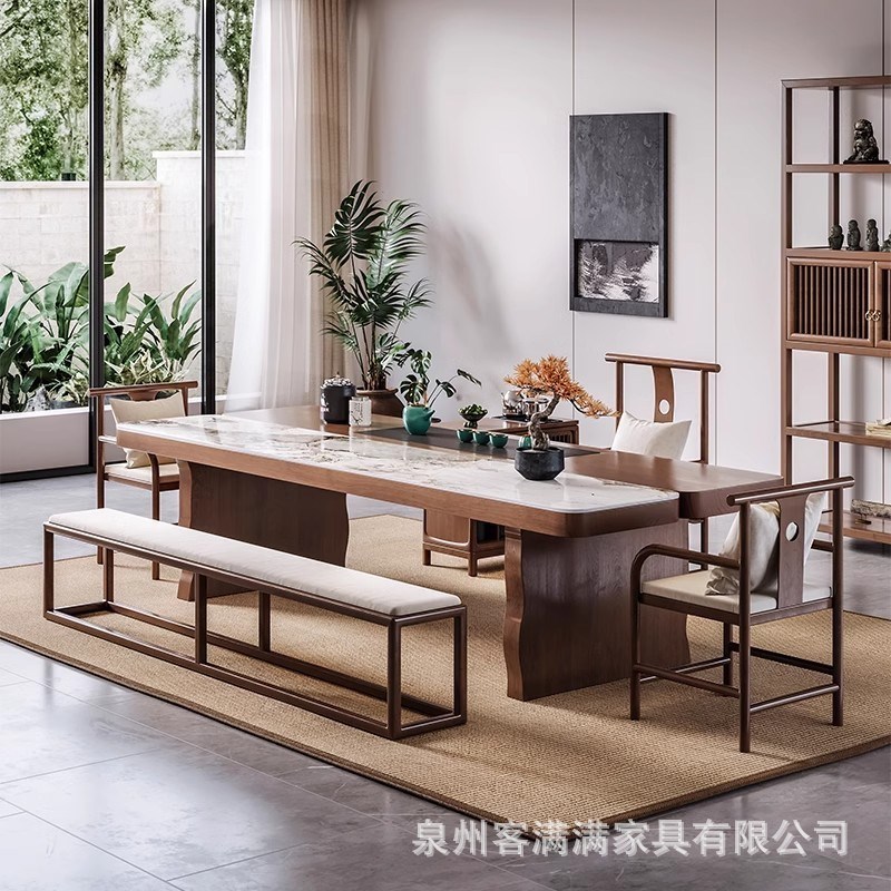 新中式实木大板茶桌椅组合轻奢岩板茶台家用泡茶桌中式禅意茶室