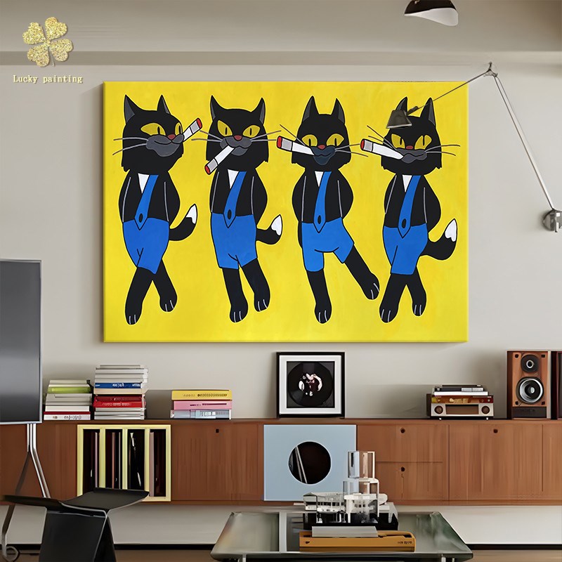 卡通个性猫咪手绘油画儿童房卧室床头装饰画玄关客厅小众艺术挂画图片