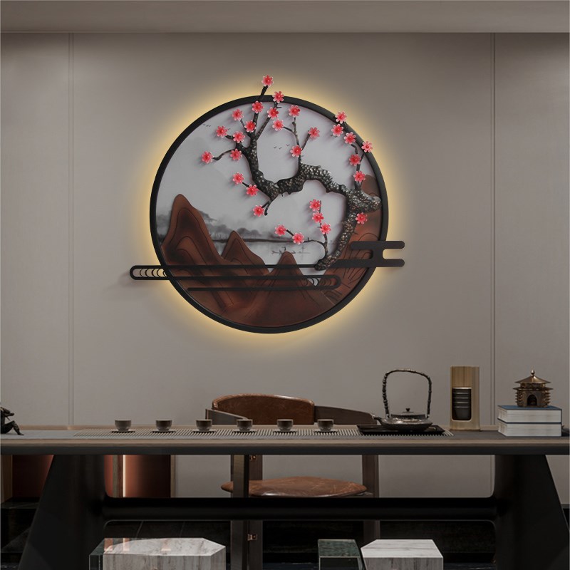 新中式客厅玄关墙面装饰带灯壁饰挂画沙发背景圆形铁艺挂件图片