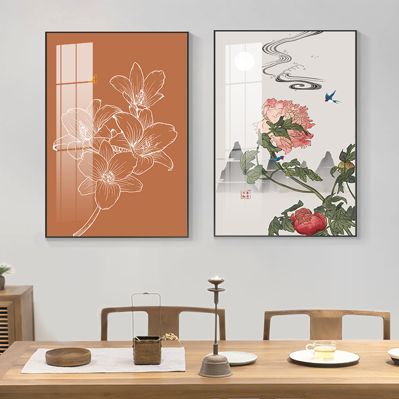 2022新中式餐厅装饰画双联花卉饭桌挂画创意茶室墙画国风客厅壁画图片