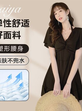 黑色大码泳衣女遮肉连体裙式保守显瘦温泉游泳衣性感泳装