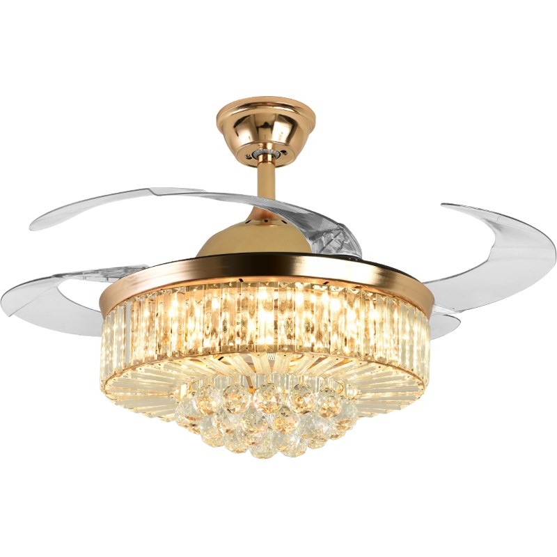 奥宏水晶吊扇灯餐厅欧式隐形电扇吊灯金色变频52寸轻奢客厅风扇灯