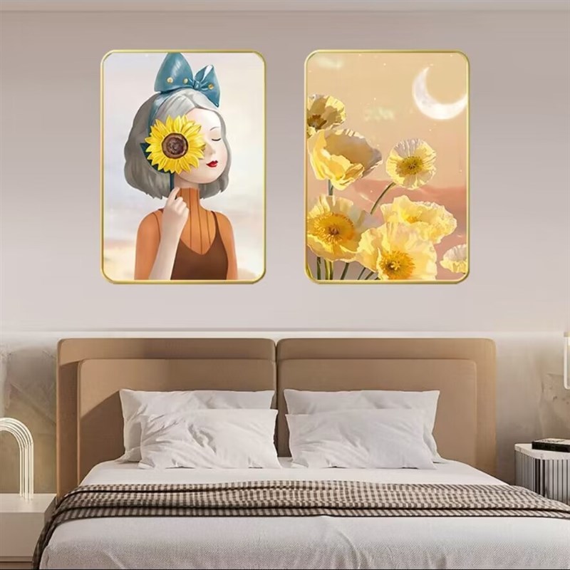现代简约儿童房装饰画可爱治癒女孩卧室牀头挂画男孩房圆角框壁画图片