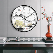 海纳百川新中式 钟表挂钟客厅家用时尚 中国风山水现代挂表静音时钟