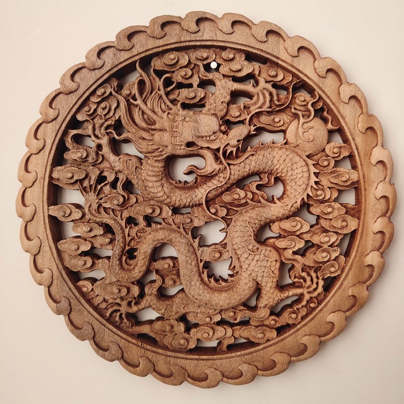 新中式东阳木雕香樟实木头雕刻工艺品挂件圆形客厅玄关壁挂装饰画图片
