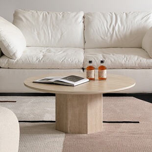 侘寂风茶几洞石大理石茶几客厅家用咖啡桌北欧法式圆形桌创意设计