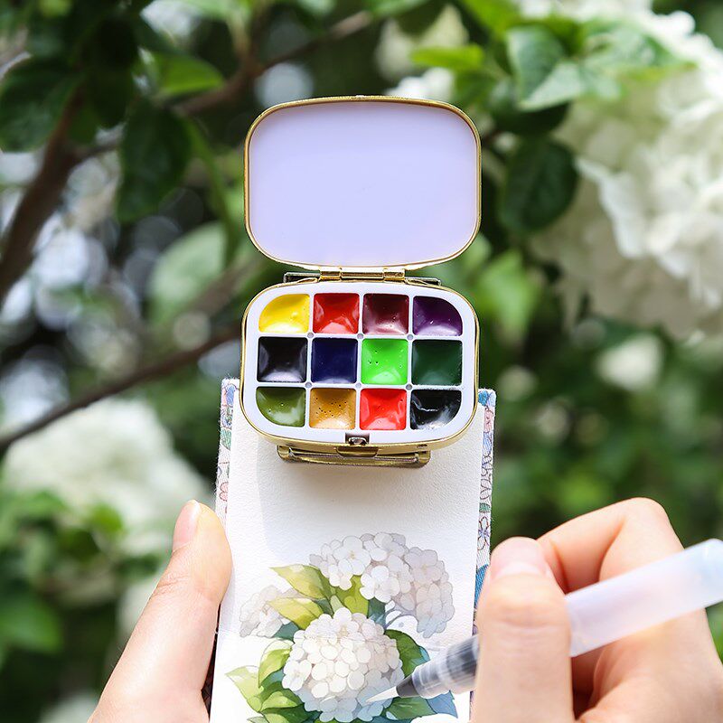 迷你旅行水彩套装12色便携颜料盒画板史明克固体水彩分装画画套装