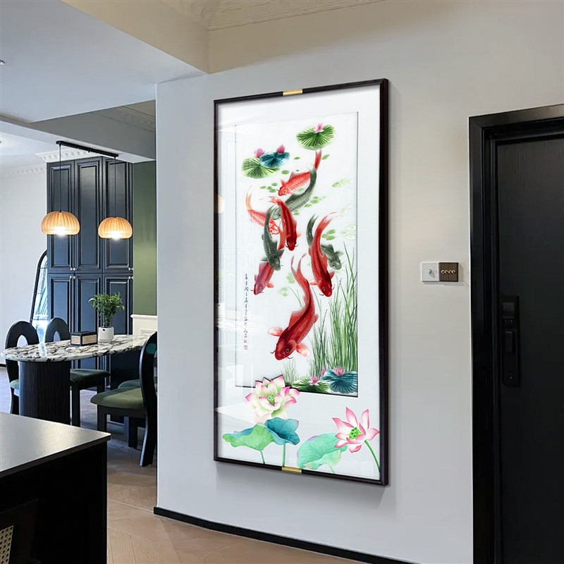 苏州刺绣挂画竖版入户门玄关装饰画高级感走廊过道九鱼图招财壁画图片