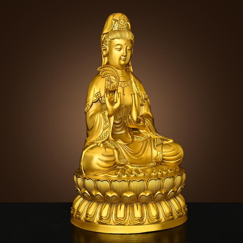 纯黄铜观音菩萨摆件家用佛堂供奉柳枝观音坐莲花净瓶观世音菩萨像