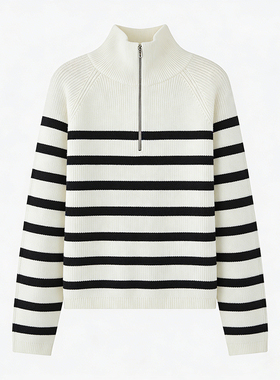 JCLP金纯良品美丽诺羊毛老钱风慵懒撞色经典条纹宽松翻领针织毛衣