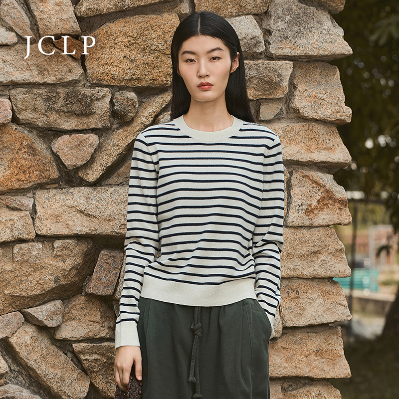 JCLP金纯良品 100%山羊绒 经典条纹 圆领针织衫打底毛衣简约百搭